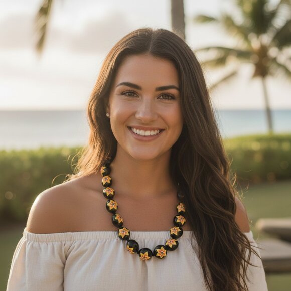 Black Kukui Nut Hawaiian Luau Lei Yellow Gold Flower Necklace NWOT - Picture 8 of 8